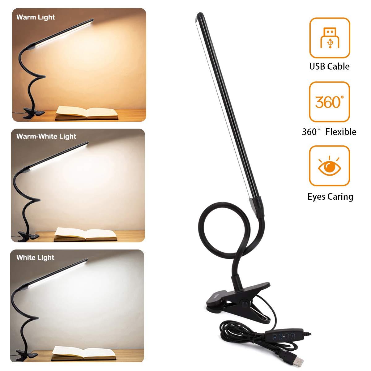 Clamp on Lamp, Clip Light, Desk Lamps with 3 Color Temperature Settings, 10 Brightness Levels, 2m USB Cord Power Supply and AC Adapter Included, Pack of 2 (Black)