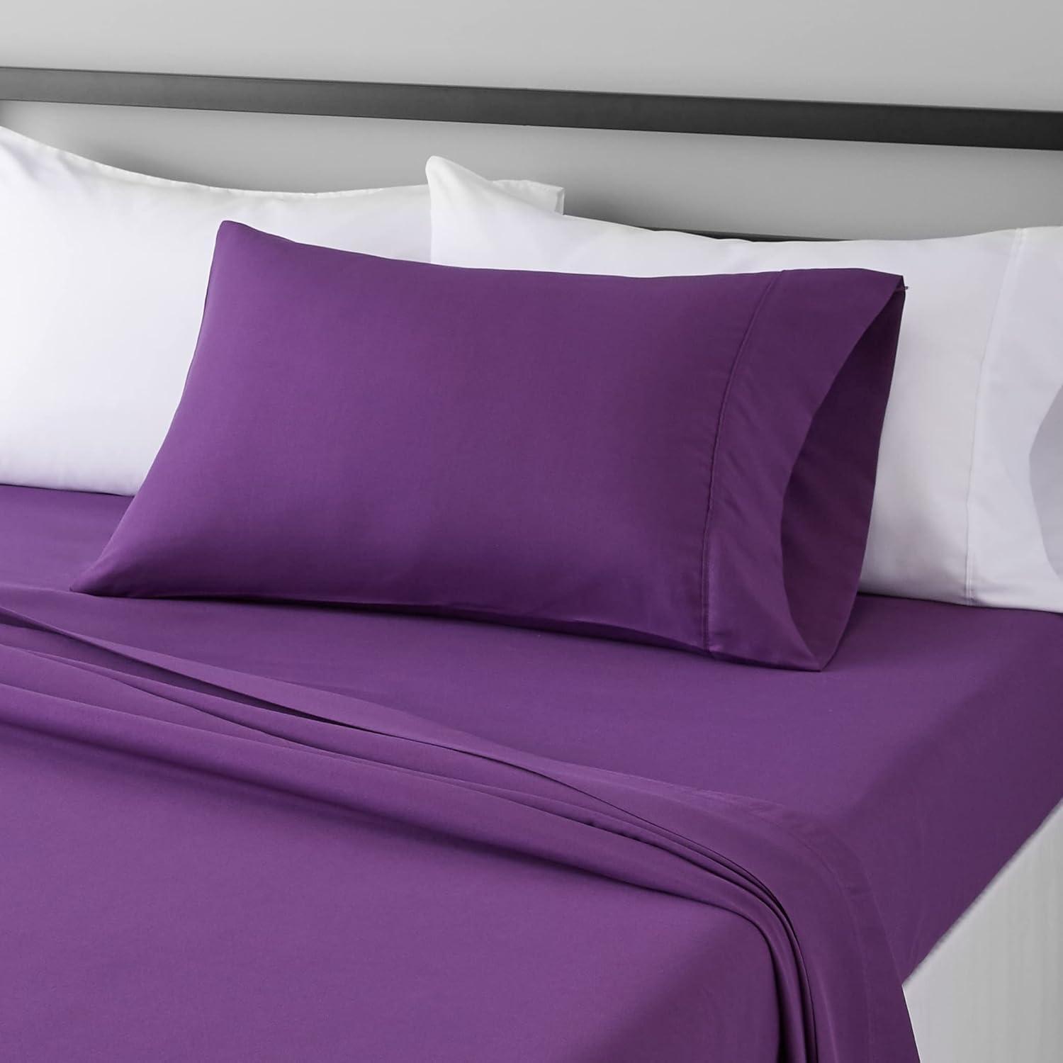Amazon Basics Lightweight Super Soft Easy Care Microfiber 3-Piece Bed Sheet Set with 14-Inch Deep Pockets, Twin, Plum, Solid