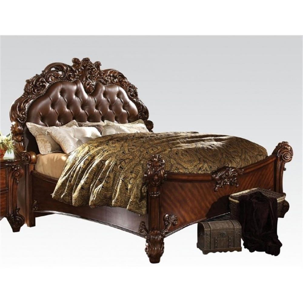 ACME Vendome Faux Leather Upholstered Queen Panel Bed in Warm Cherry