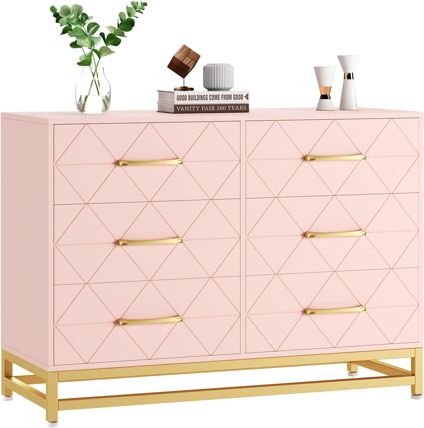 Pink Modern 6-Drawer MDF Dresser with Gold Accents