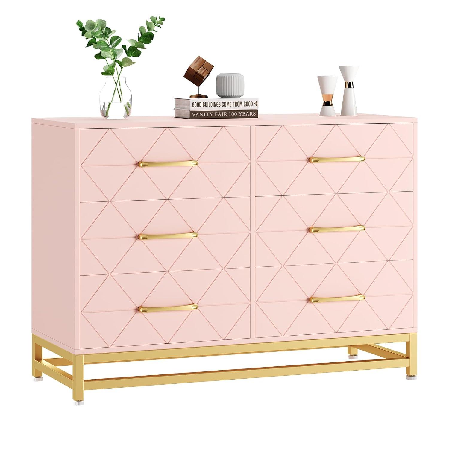 Yesurprise 6 Drawers Dresser for Bedroom TV Stand Dressers Chest of Drawers for Living Room Hallway Entryway Pink