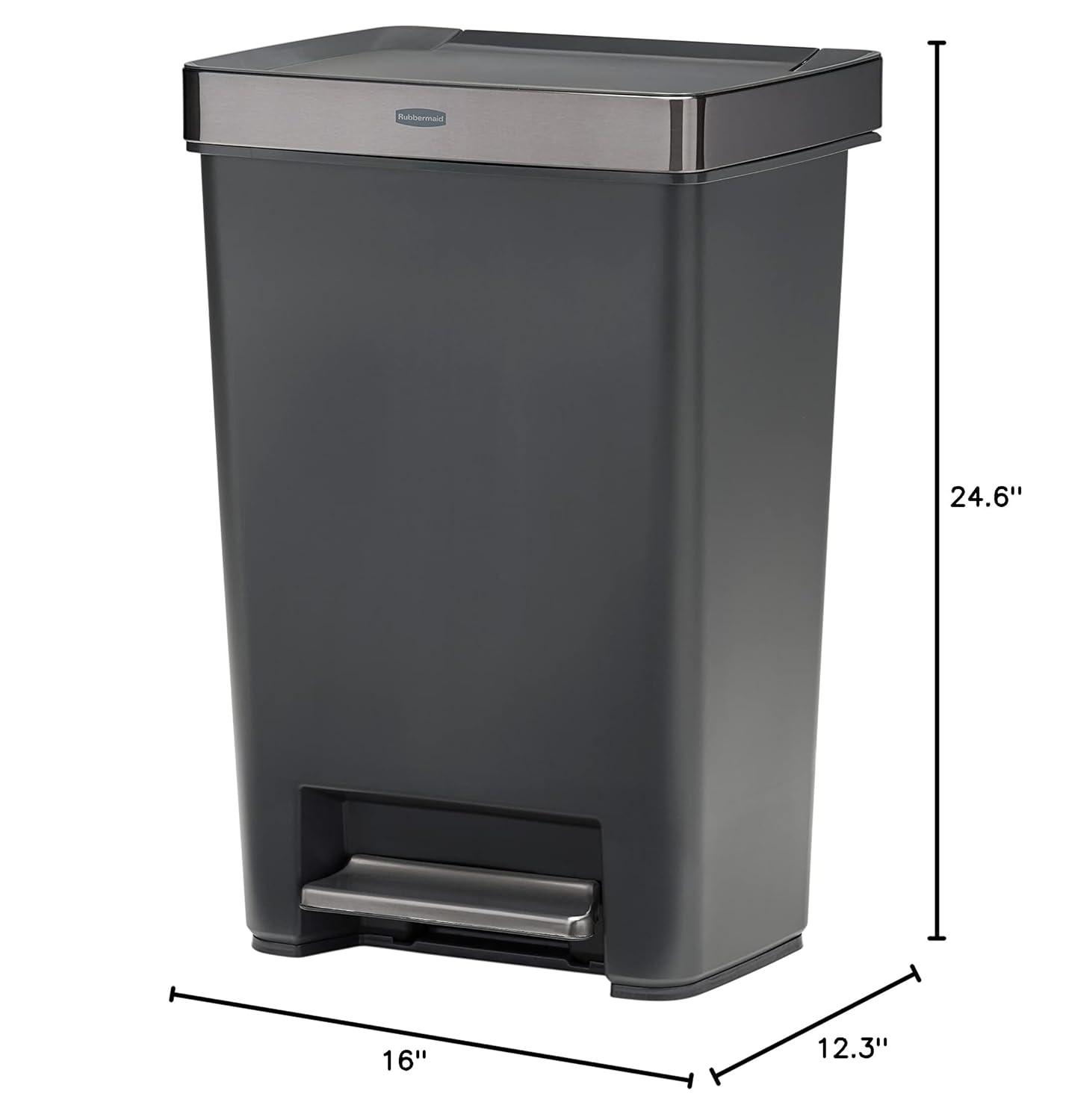 Rubbermaid Premier Series III Step-On Trash Can for Home and Kitchen, with Stainless Steel Rim, 12.4 Gallon, Charcoal, for Home/Kitchen/Garage/Apartment/Office