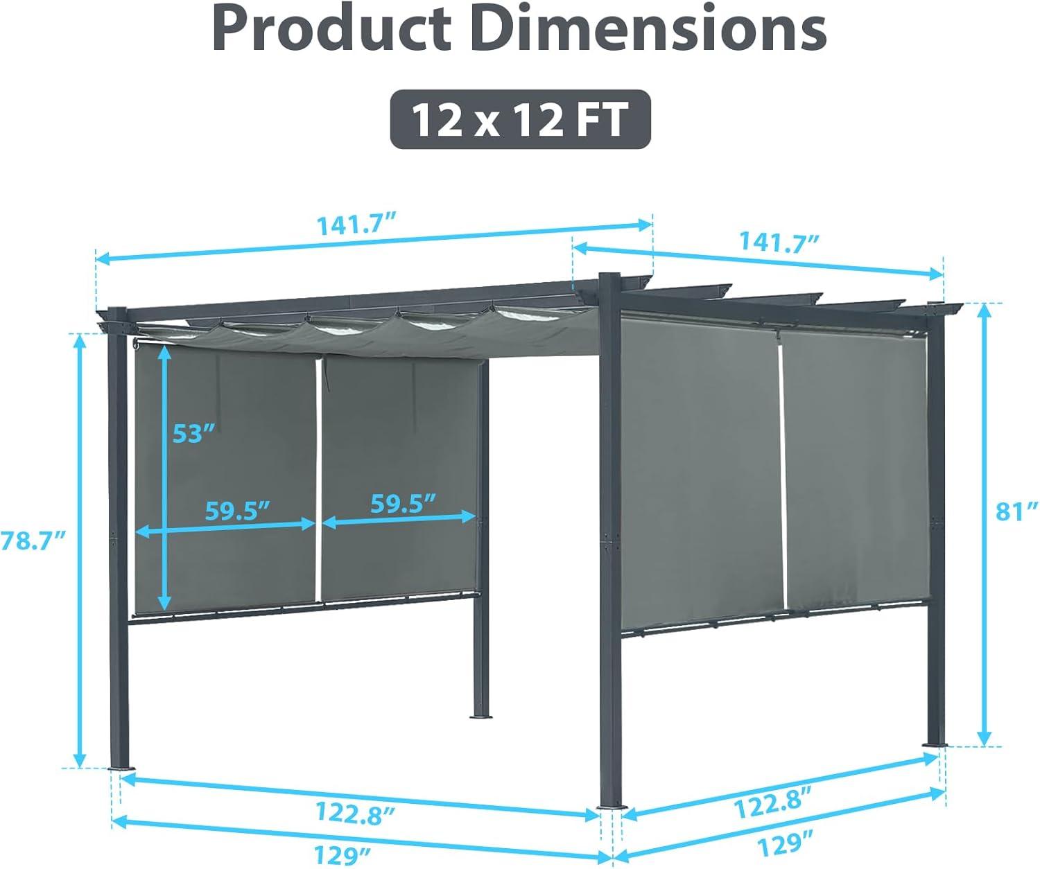 12 ft x 10 ft Gray Aluminum Patio Pergola with Retractable Canopy