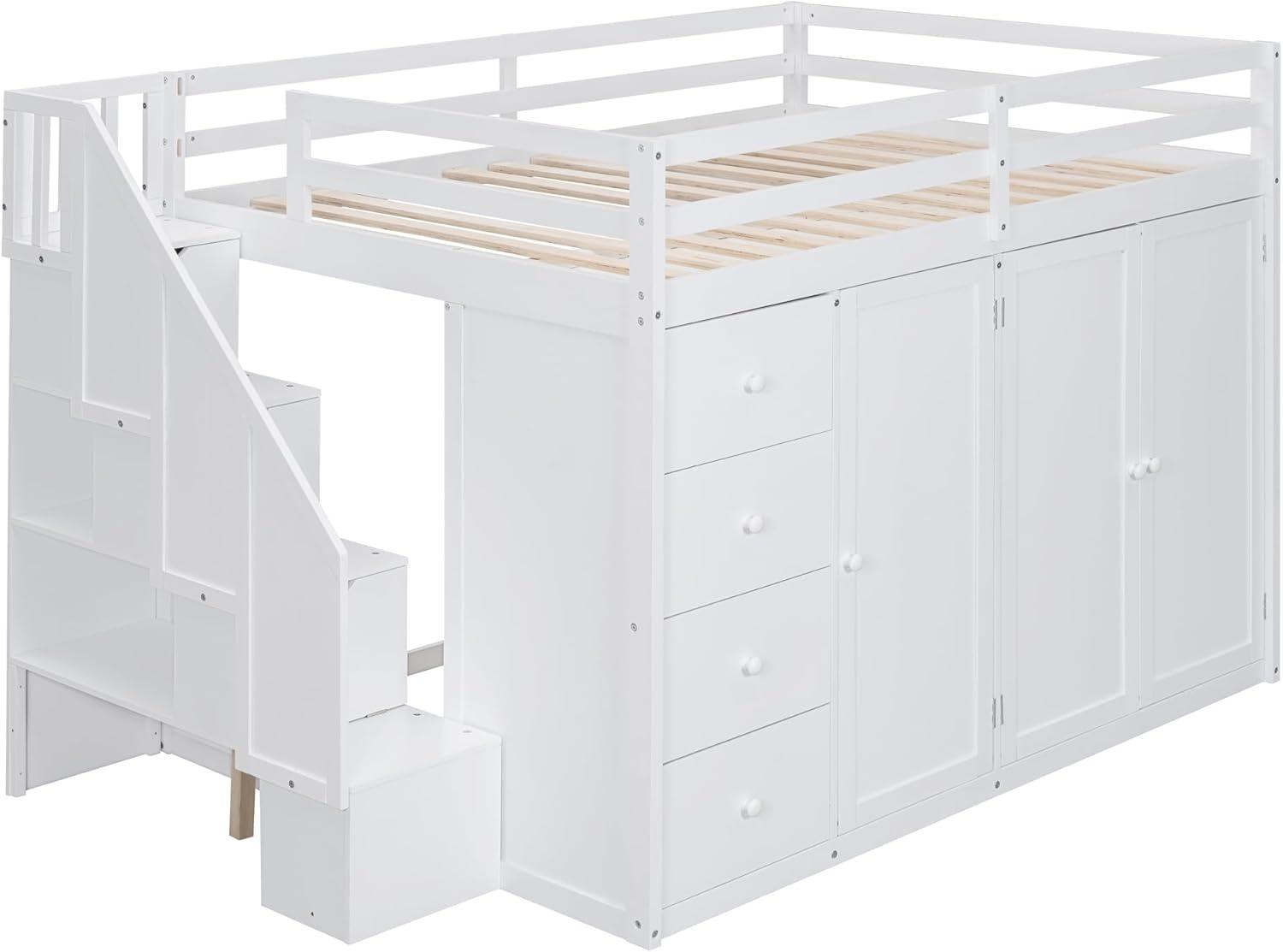 Harper & Bright Designs Full Size Loft Bed with Stairs and Wardrobes, Solid Wood Loft Bed Frame with Storage Cabinets and Drawers for Kids Teens Adults, Weight Capacity: 600LBS, White