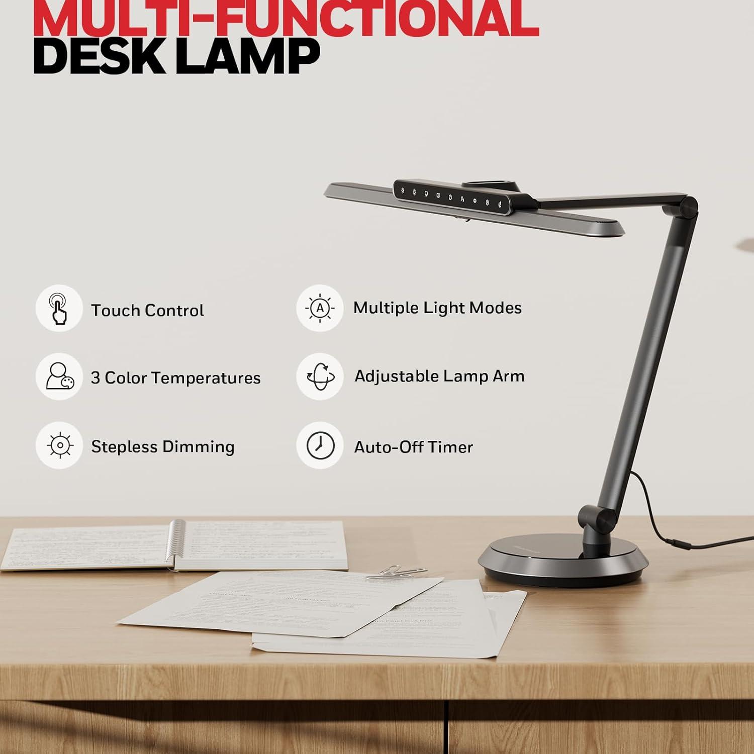 LED Desk Lamp Home Office - H9 Eye Caring Desk Light, 18W 1000LM Table Lamp Dimmable with Motion Sensor, 3 Color Modes, Auto-Off Timer, Adjustable Study Reading Lamp for Desk