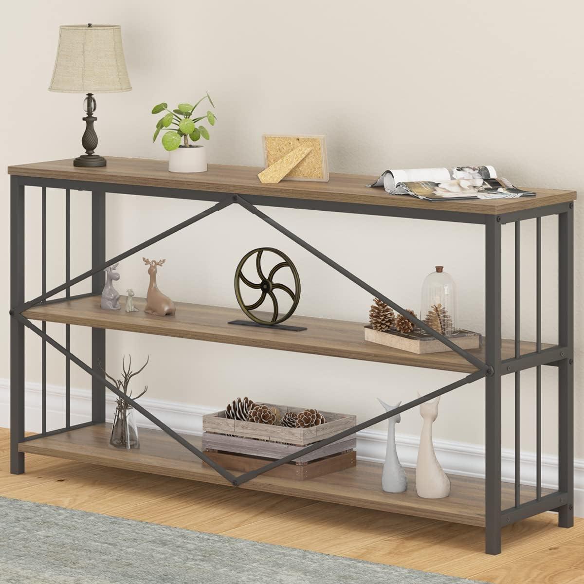 Rustic Oak 55 Inch Industrial Wood Metal Console Table with Storage