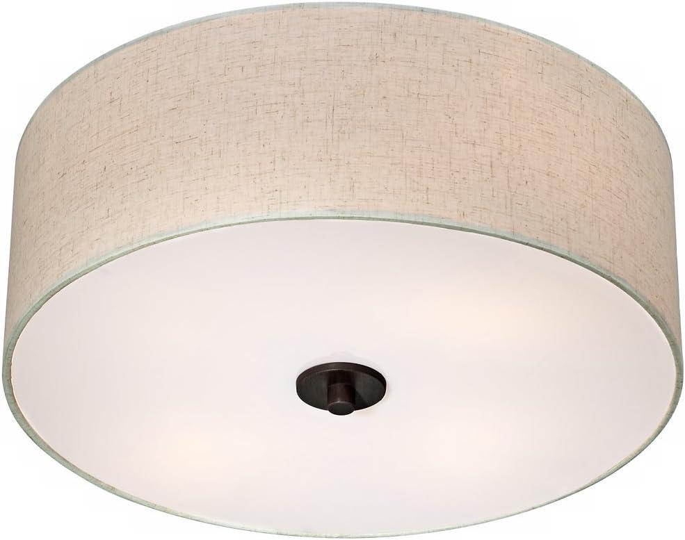 Bronze Flush Mount Ceiling Light with Oatmeal Drum Shade