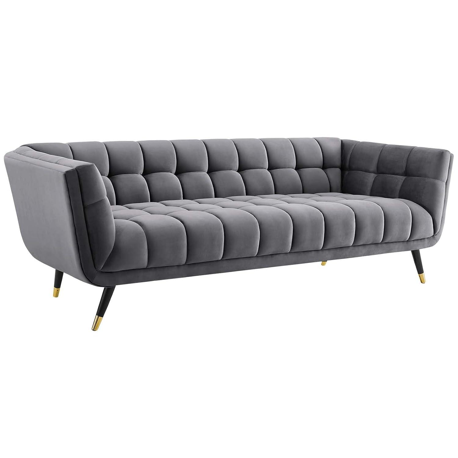 Modway Adept Performance Velvet Tufted Sofa in Gray and Black