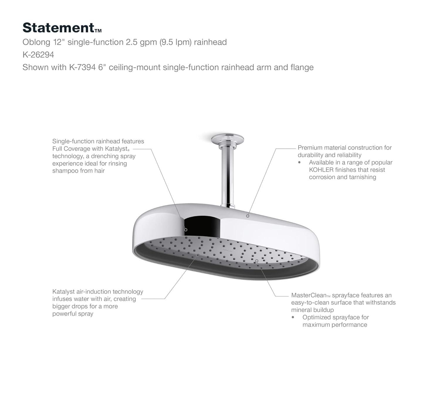Statement 14" Single-Function Wall or Ceiling-Mount Round Rainhead, Oblong Rain Showerhead 2.5 GPM
