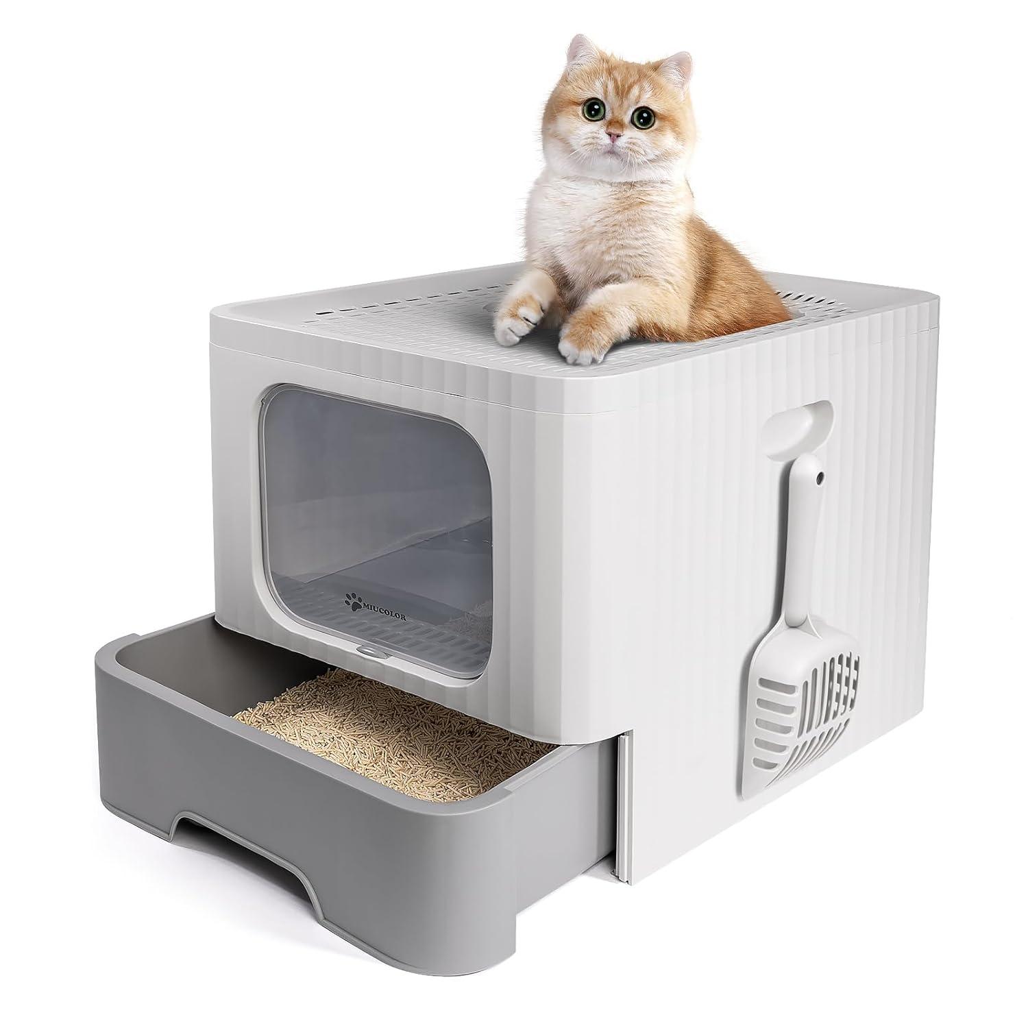 Dextrus Large Enclosed Cat Litter Box with Lid Drawer Type Easy to Clean,with Cushion&Litter Scoop,Gray