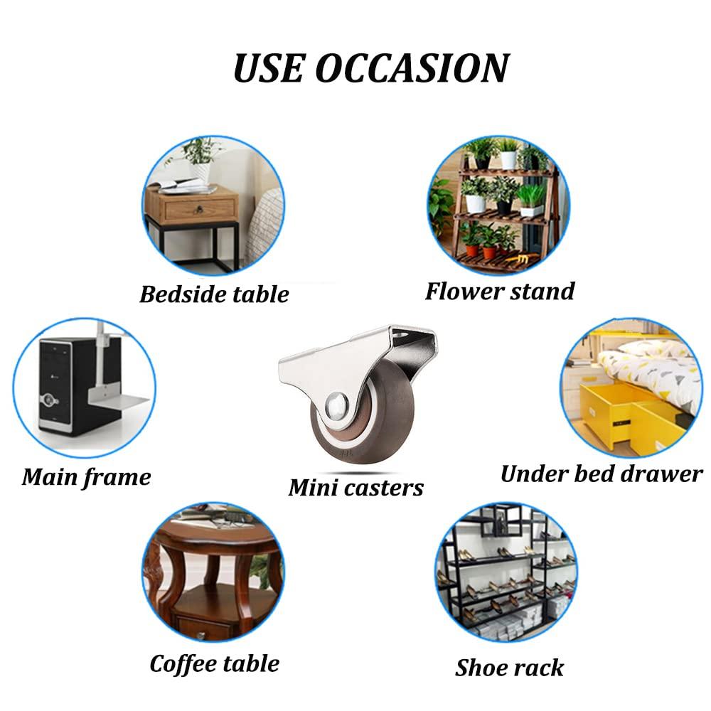 Mini Fixed Caster Wheels 1 inch Silent Ball Bearing Small Casters Wheels, Metal Top TPE Rubber Low Profile Caster Wheels for Furniture Rolling Cabinet Trundle Bed Drawer with Screws 4 Pack