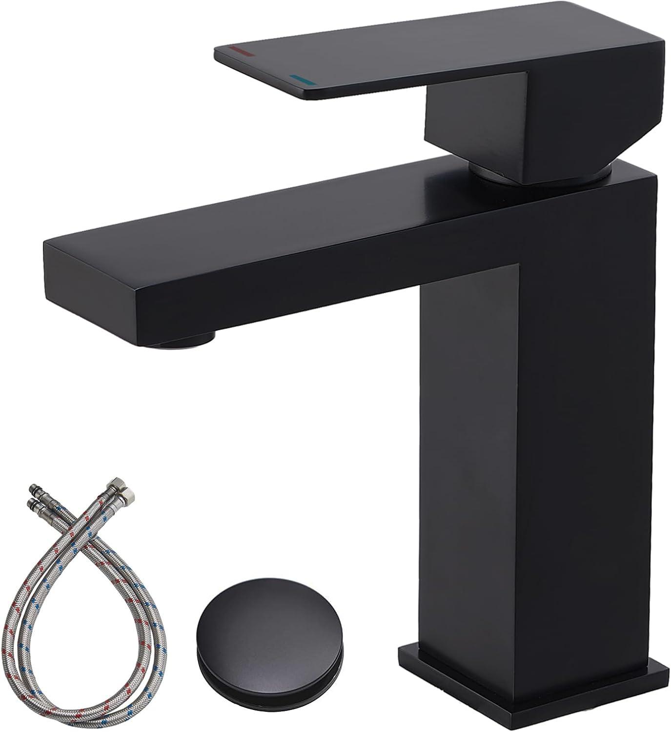 Matte Black Single Handle Bathroom Sink Faucet, Stainless Steel Bathroom Faucet with cUPC Certified Water Supply Hoses, Commercial Vanity Faucet Modern Single Hole RV Bathroom Faucets