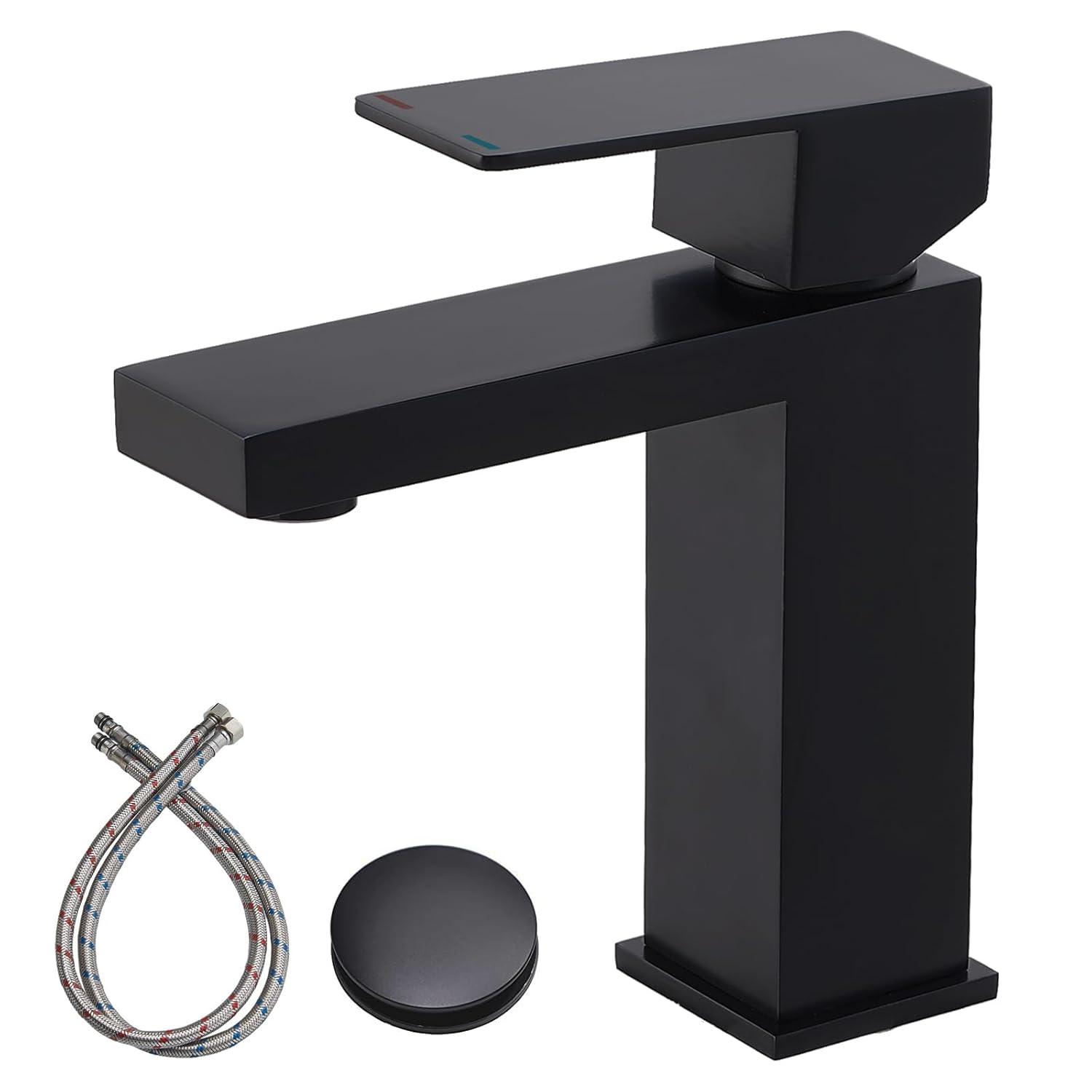 Matte Black Single Handle Bathroom Sink Faucet, Stainless Steel Bathroom Faucet with cUPC Certified Water Supply Hoses, Commercial Vanity Faucet Modern Single Hole RV Bathroom Faucets