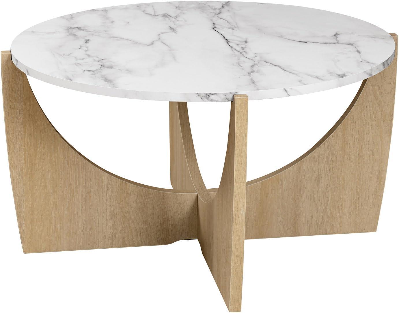 Walker Edison Modern Round Scoop-Base 35” Coffee Table - Calacatta Marble/Coastal Oak