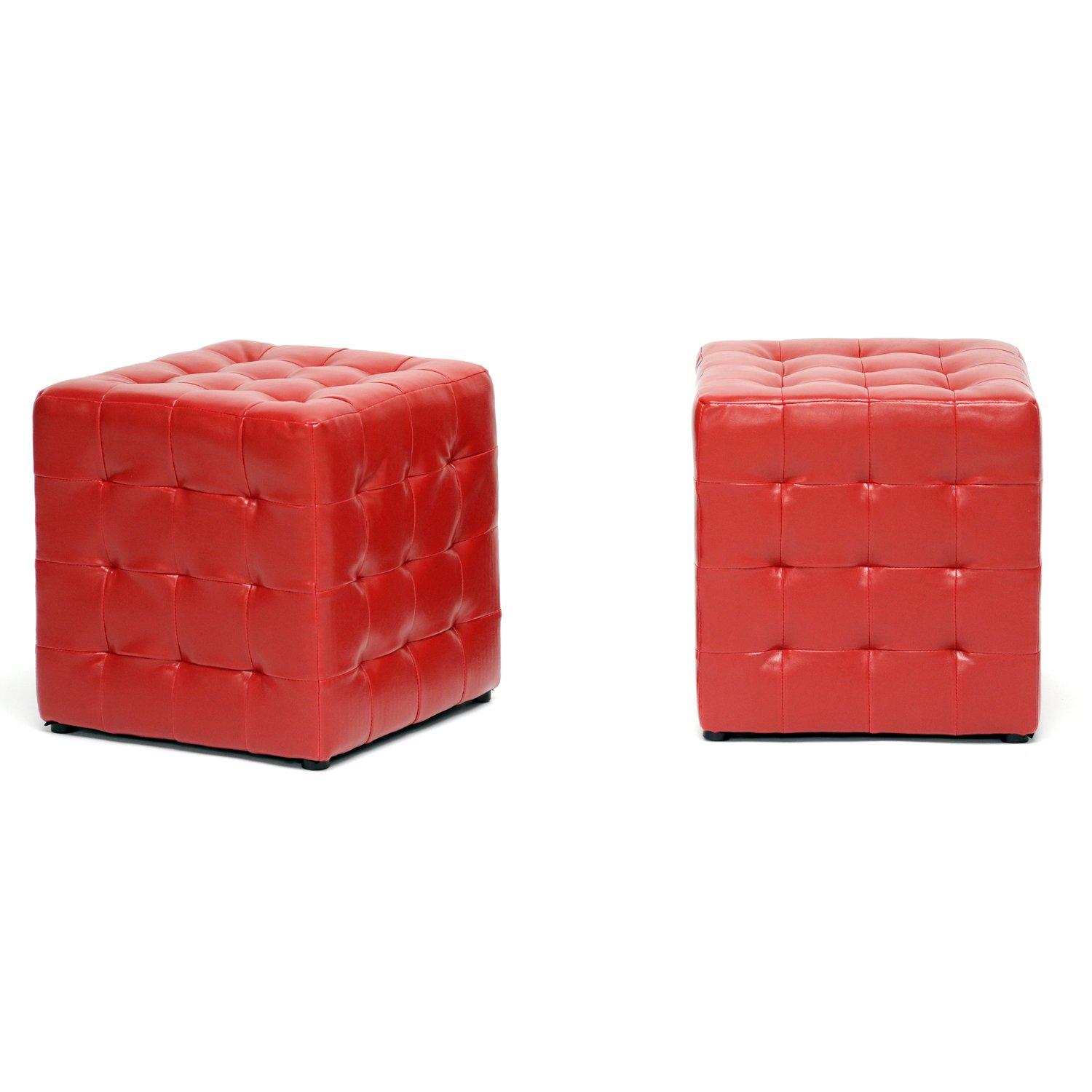 Set of 2 Siskal Modern Cube Ottoman Red - Baxton Studio: Faux Leather, No Assembly, Wood Frame