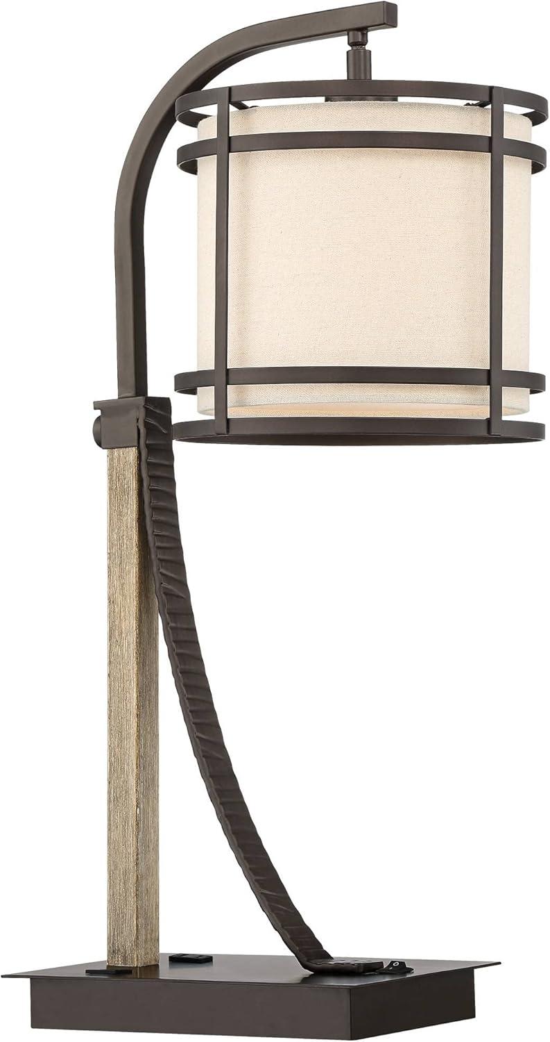 Franklin Iron Works Gentry Industrial Desk Lamp 22" High Oil Rubbed Bronze Faux Wood Cage with USB and AC Power Outlet in Base Oatmeal Shade for Desk