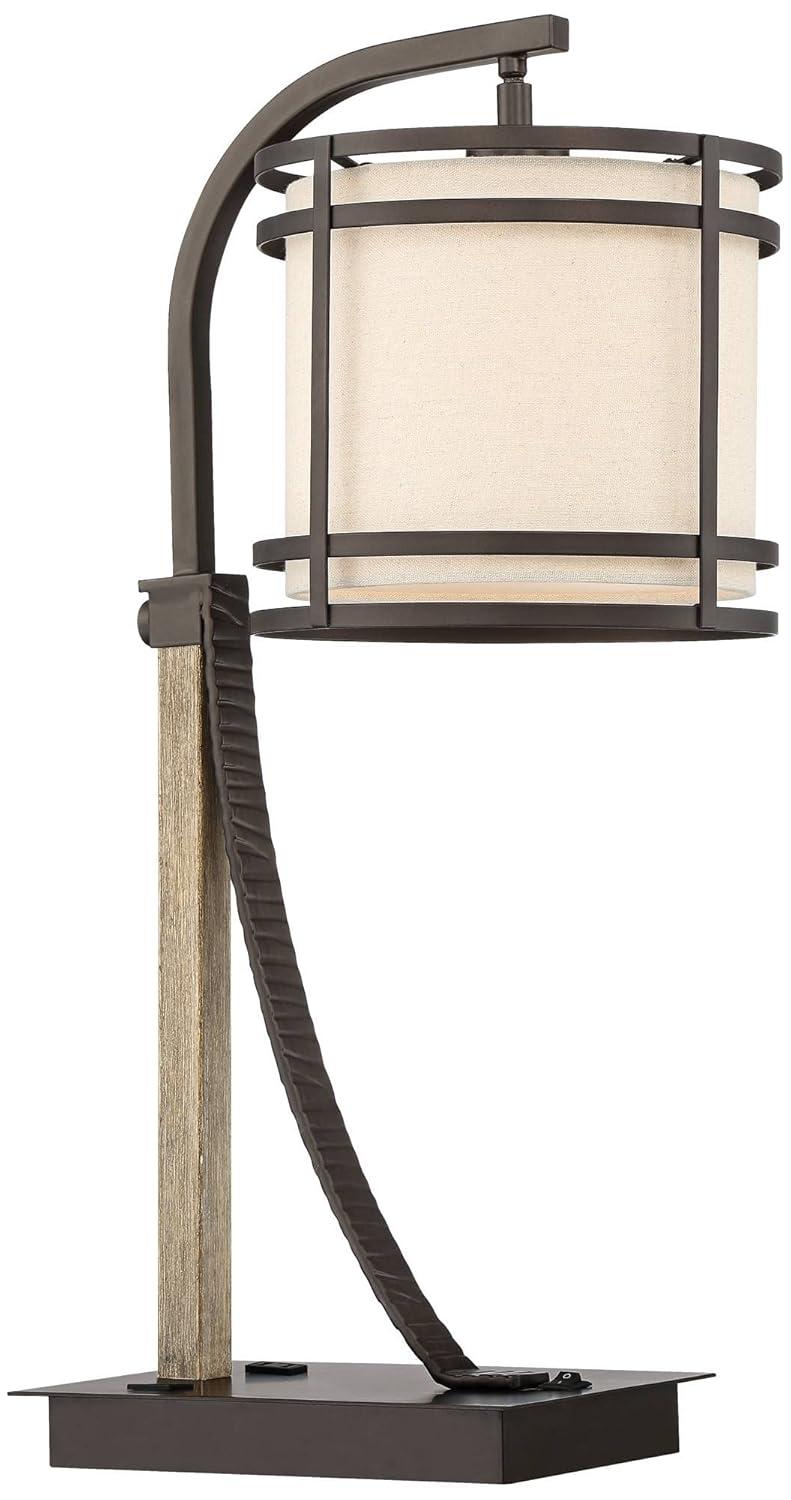 Franklin Iron Works Gentry Industrial Desk Lamp 22" High Oil Rubbed Bronze Faux Wood Cage with USB and AC Power Outlet in Base Oatmeal Shade for Desk