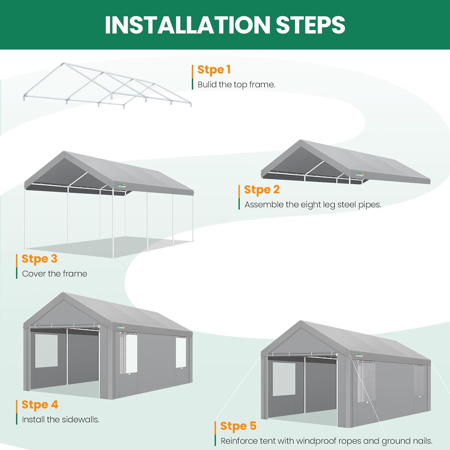 Cobizi Carport 10'x20' Heavy Duty Portable Garage, Upgraded Car Canopy