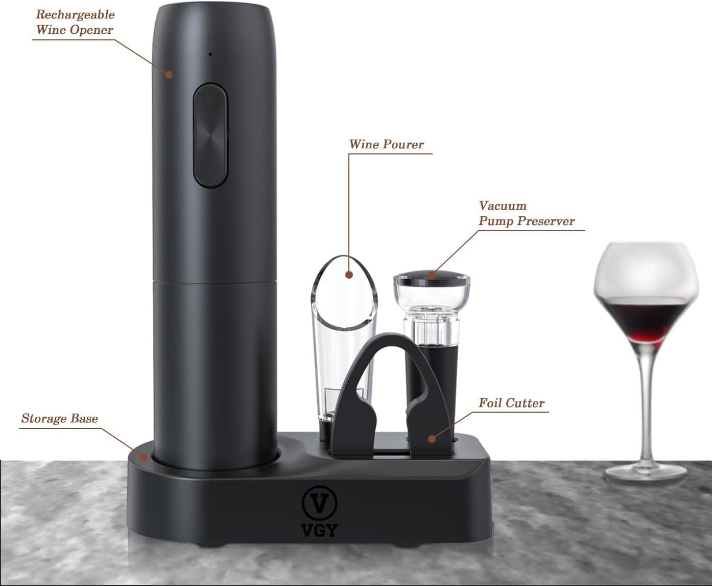 Rechargeable Electric Wine Opener, 5 in 1 set with Automatic Electric Wine Bottle Corkscrew Opener, Foil Cutter, Vacuum Stopper, Wine Pourer and Storage Charging Stand