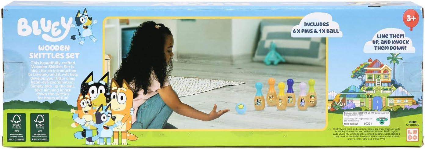Bluey Wooden Bowling Skittles Set, Indoor & Outdoor Bowling Play, 6 Pins and 1 Bowling Ball, Ages 3+