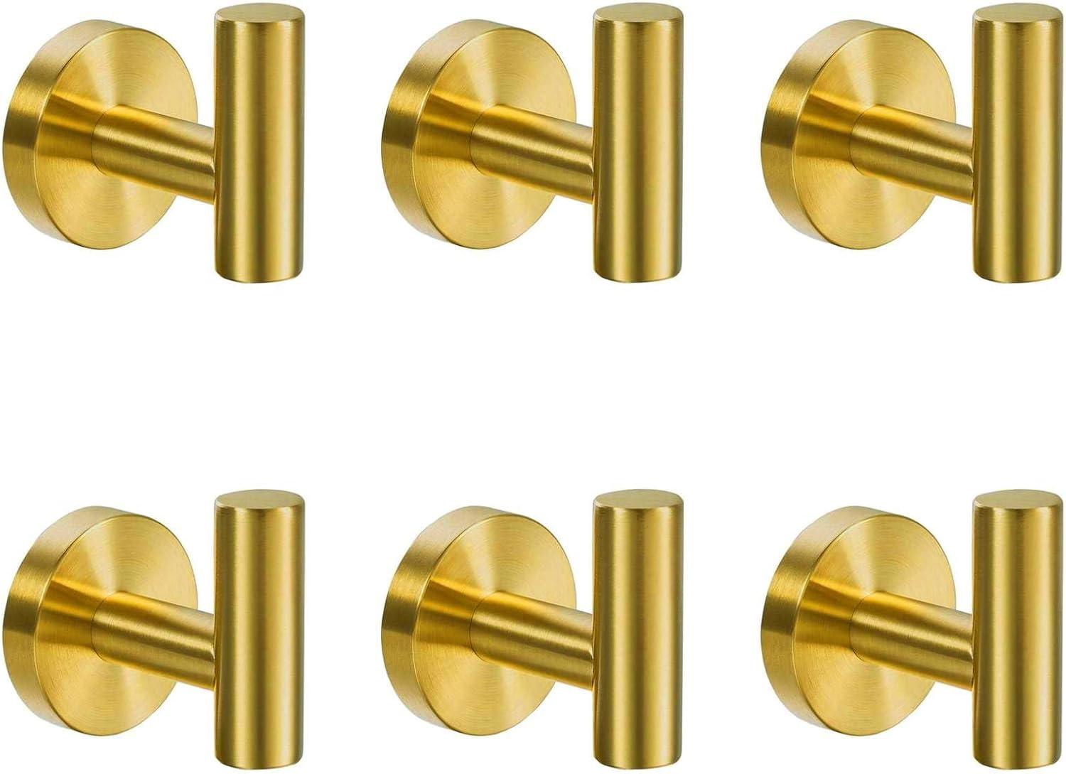 Brushed Gold Stainless Steel Wall Mounted Towel Hooks, 6-Pack