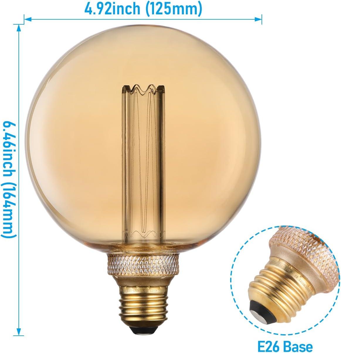 3.5W LED G125 Globe Edison Bulbs Dimmable, Virtual Filament Vintage Decorativ Bulb, Amber Glass, E26 Base, 2000K Soft Warm, UL Listed