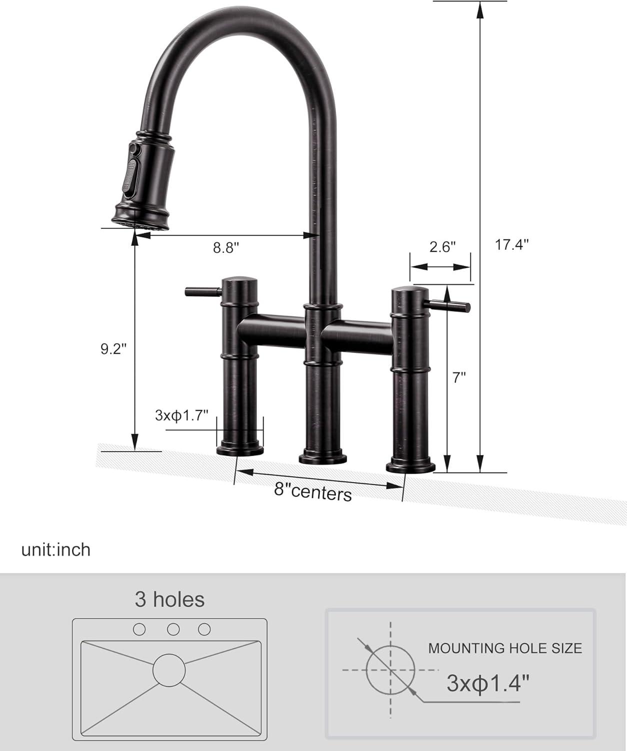 Double Handle Bridge Kitchen Faucet with Pull Down Sprayer in Oil Rubbed Bronze