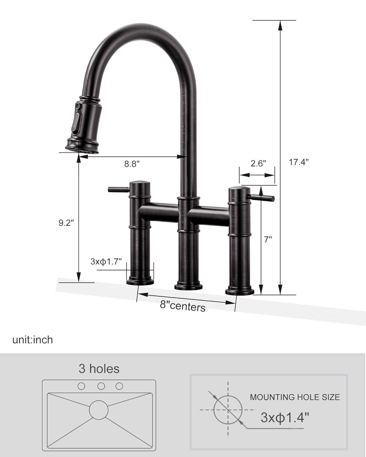 Double Handle Bridge Kitchen Faucet with Pull Down Sprayer in Oil Rubbed Bronze