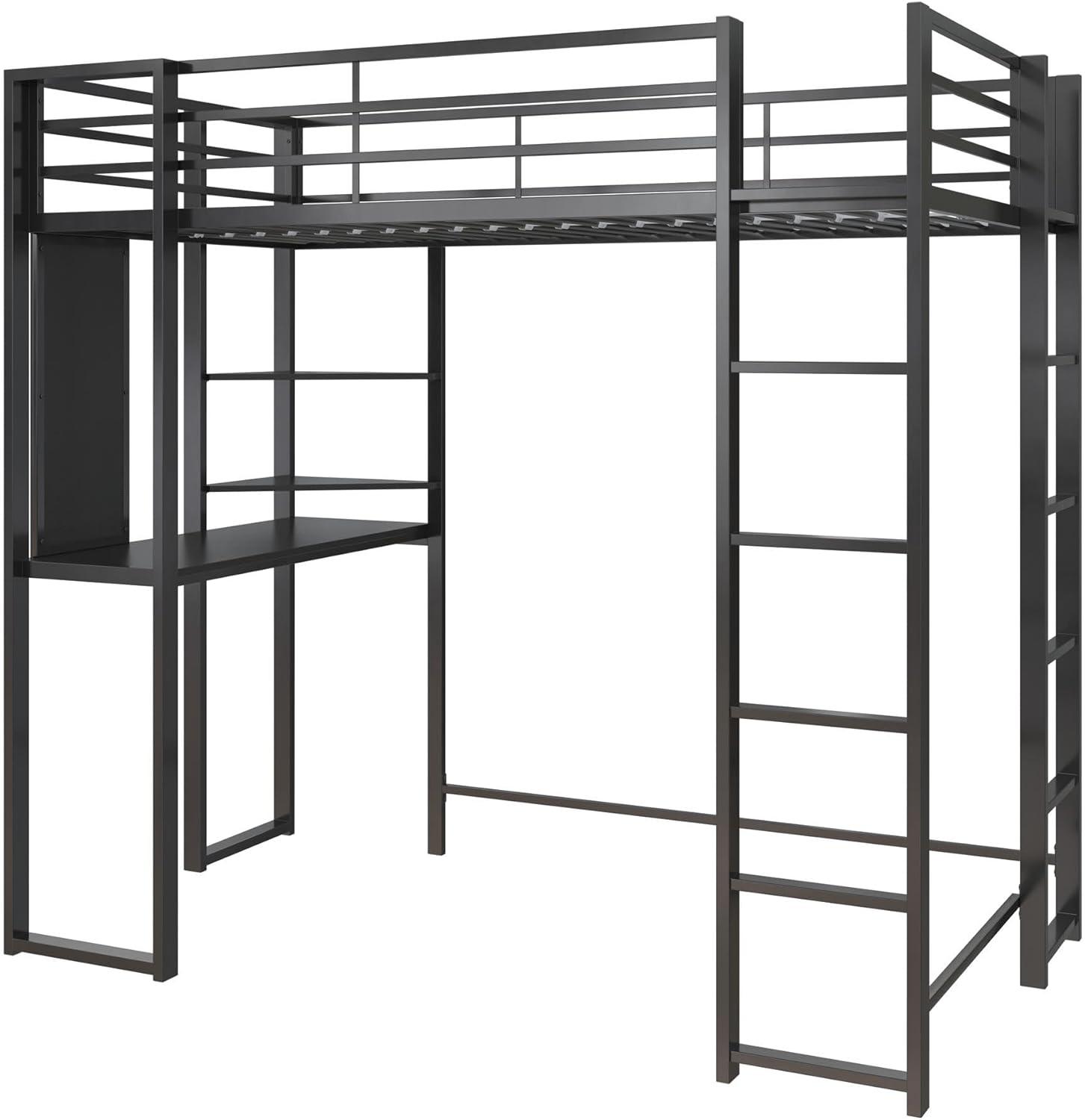 Twin Black Metal Loft Bed with Lighted Headboard and Desk