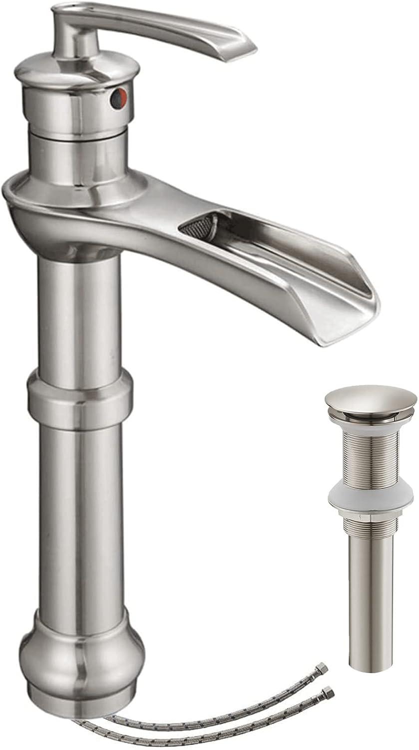 Brushed Nickel Tall Waterfall Vessel Sink Faucet with Drain Assembly