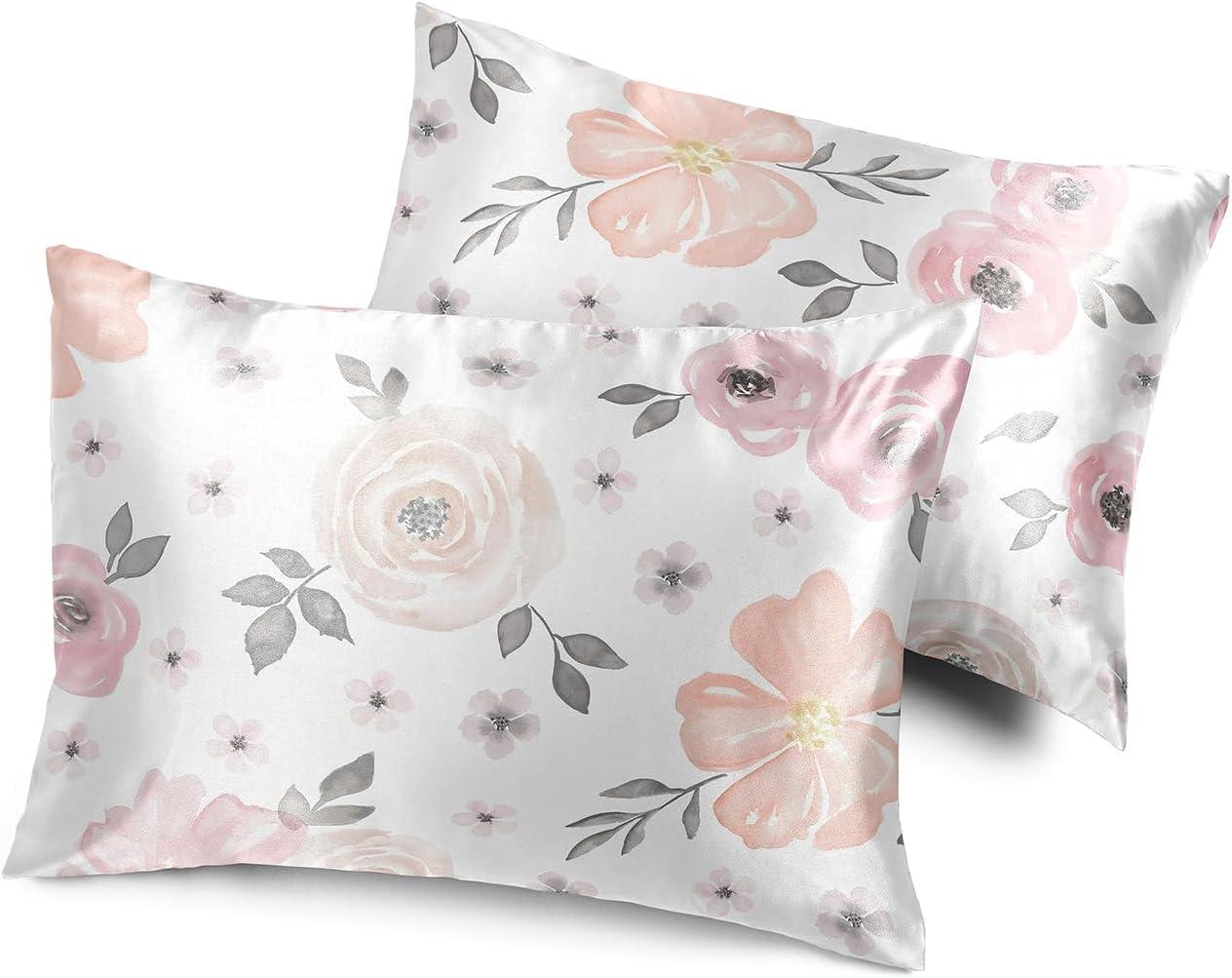 Pink and Grey Floral Satin Standard Pillowcases for Kids