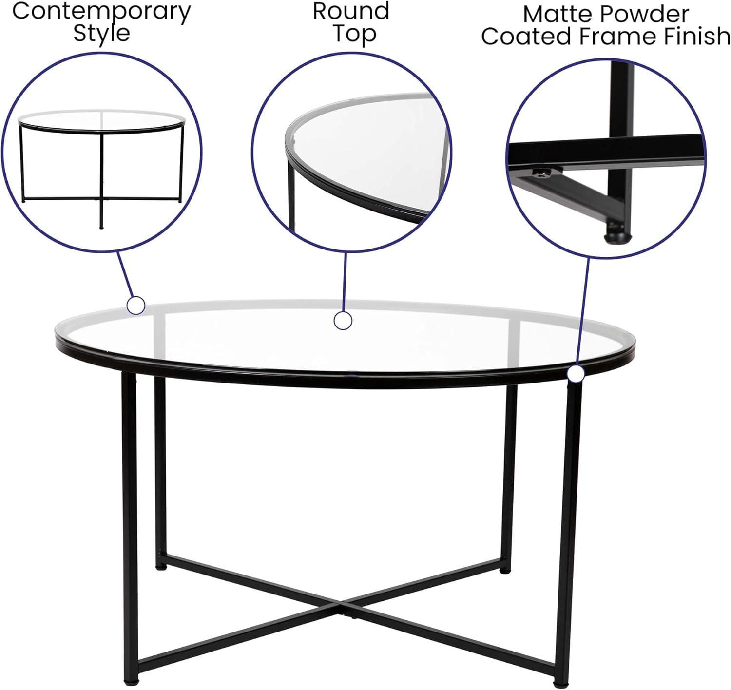 Elegant 35.5" Round Clear Glass Coffee Table with Matte Black Frame