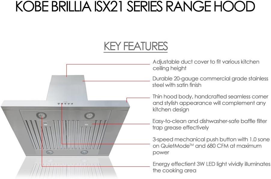 Kobe Range Hoods 36" Stainless Steel 680 CFM Ducted (Vented) Island Range Hood with Baffle Filter