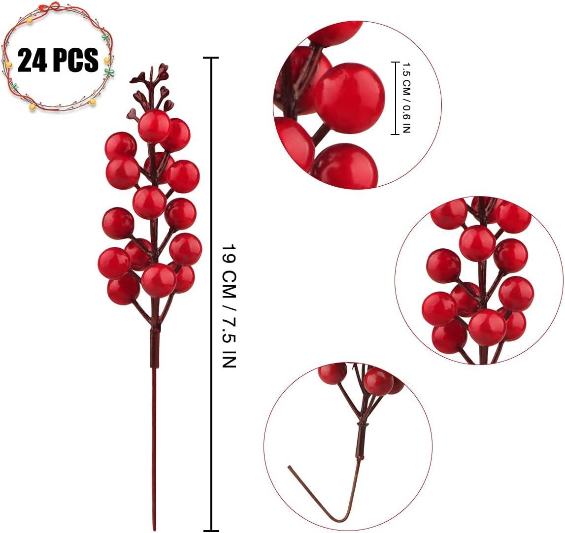 24 Pack Red Artificial Berry Stems for Christmas Tree Decor