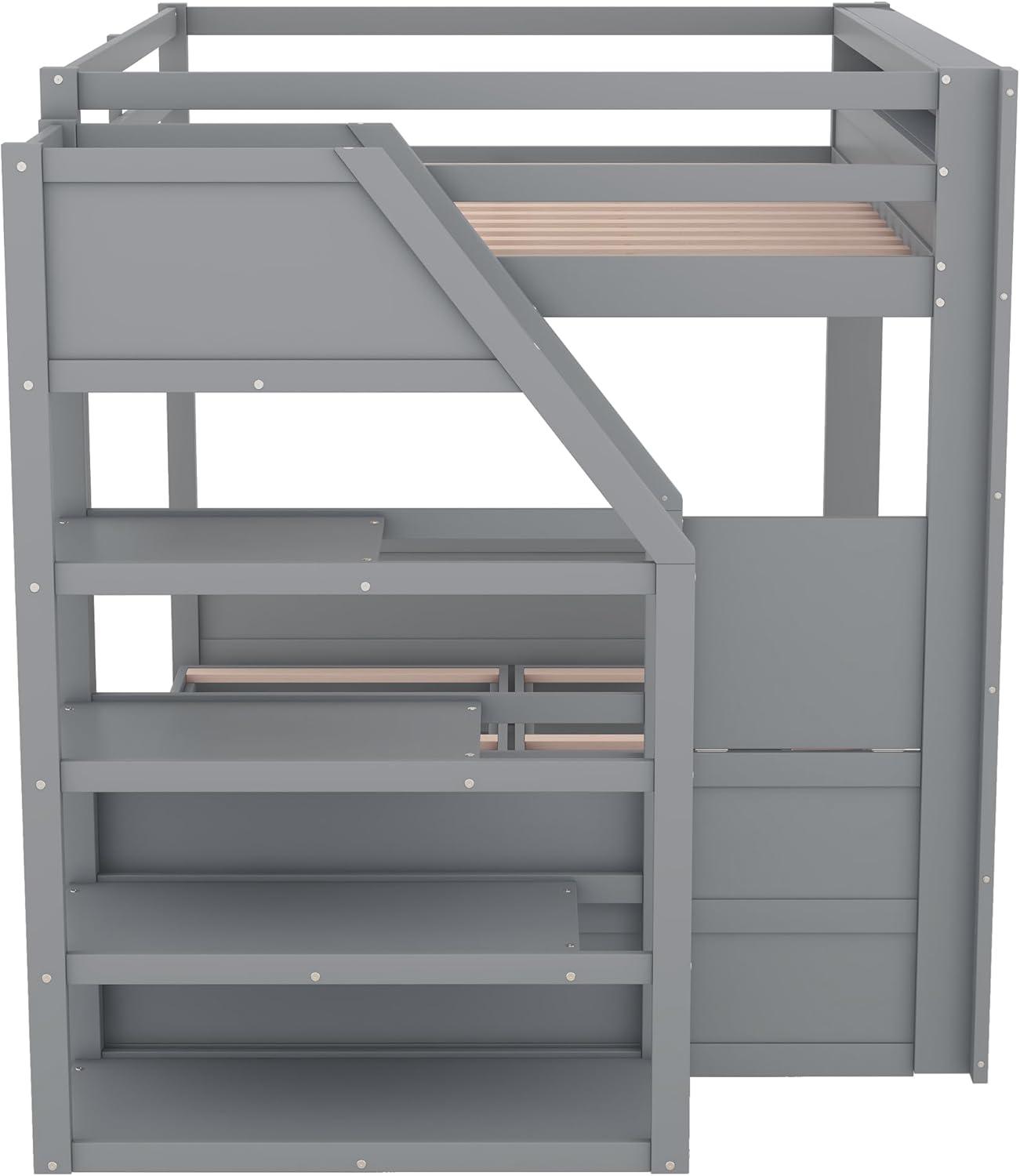 Harper & Bright Designs Full Over Full/Futon Bunk Beds with Stairs and 3 Drawers, Built-in Shelf, Bottom Bed can be Converted into Daybed, Solid Wood Bunk Bed Frame - Gray