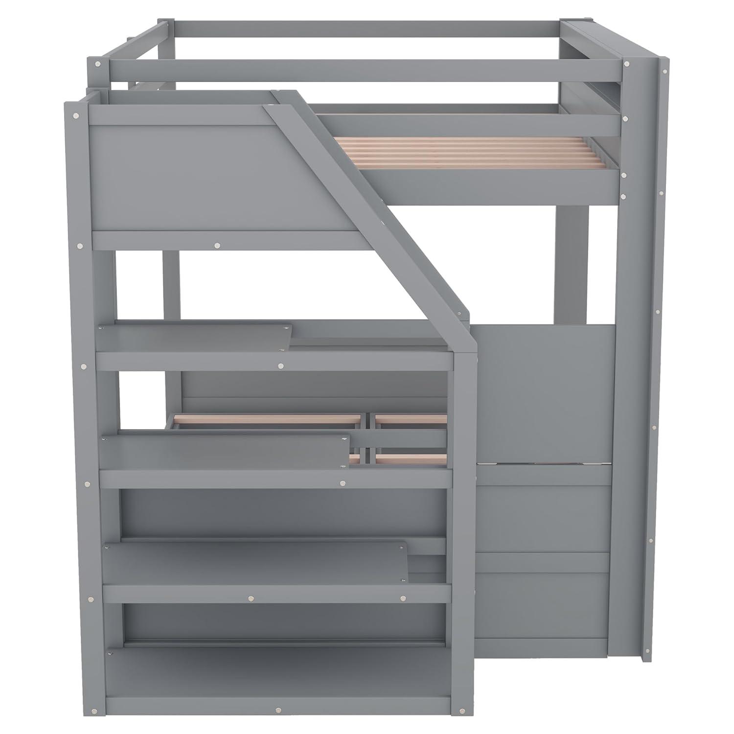 Harper & Bright Designs Full Over Full Bunk Beds with Stairs and Small Shelf, Wood Convertible Bunk Bed can be Converted into Daybed (Gray)