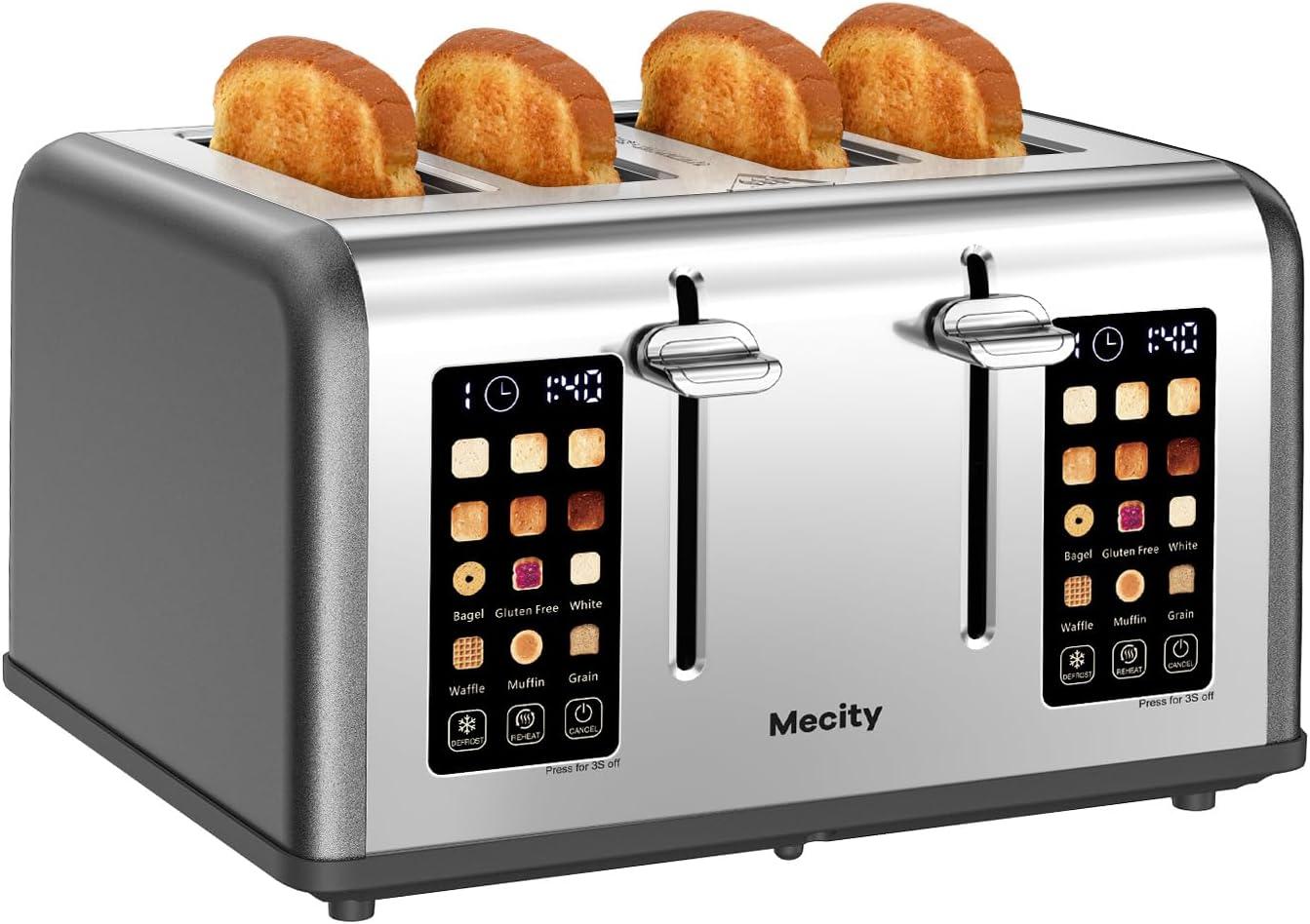 Mecity 4-Slice Touchscreen Toaster, Stainless Steel, Countdown Timer, 6 Browning & Shade Settings, 4 Wide Slots, Reheat/Cancel/Defrost Functions, Removable Crumb Tray, Gray