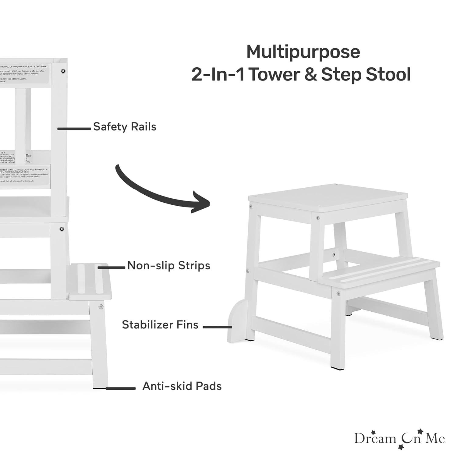 Dream On Me 2-in-1 Funtastic Tower and Step Stool, Easy to Assemble, White