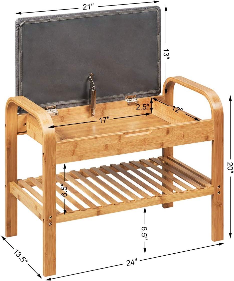 Giantex Small Entryway Bench with Storage, 2-Tier Bamboo Shoe Rack Bench with Flip Top Storage Space and Padded Cushion, Shoe Organizer for Entryway, Living Room, Hallway, Bedroom,Natural