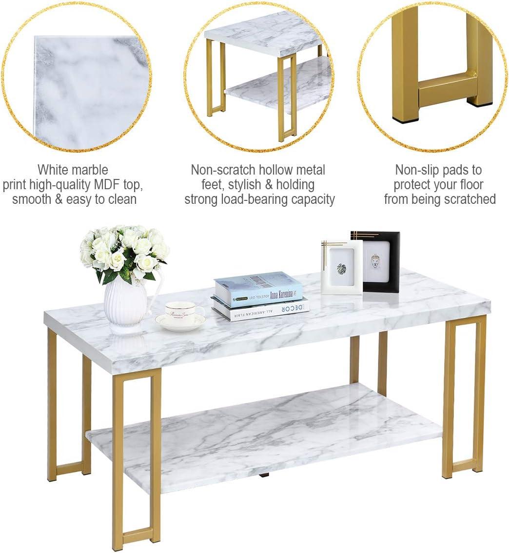 Tcbosik 2-Tier Rectangular Coffee Table with Golden Legs, Cocktail Table with Faux Marble Top, Center Table for Living Room Waiting Room, White