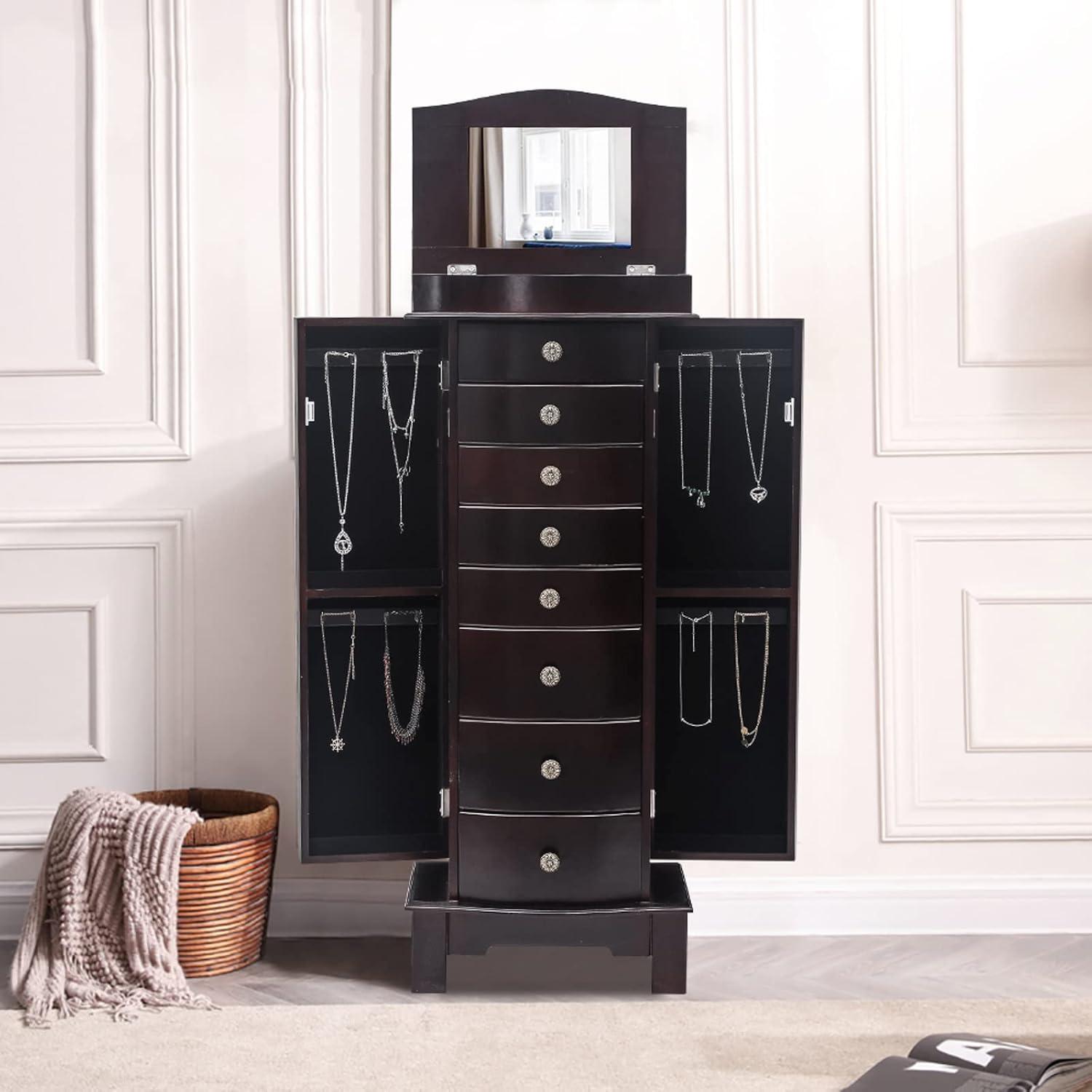 Veryke Jewelry Armoire with Mirror / 8 Drawers / 16 Necklace Hooks / 2 Side Swing Doors - Brown