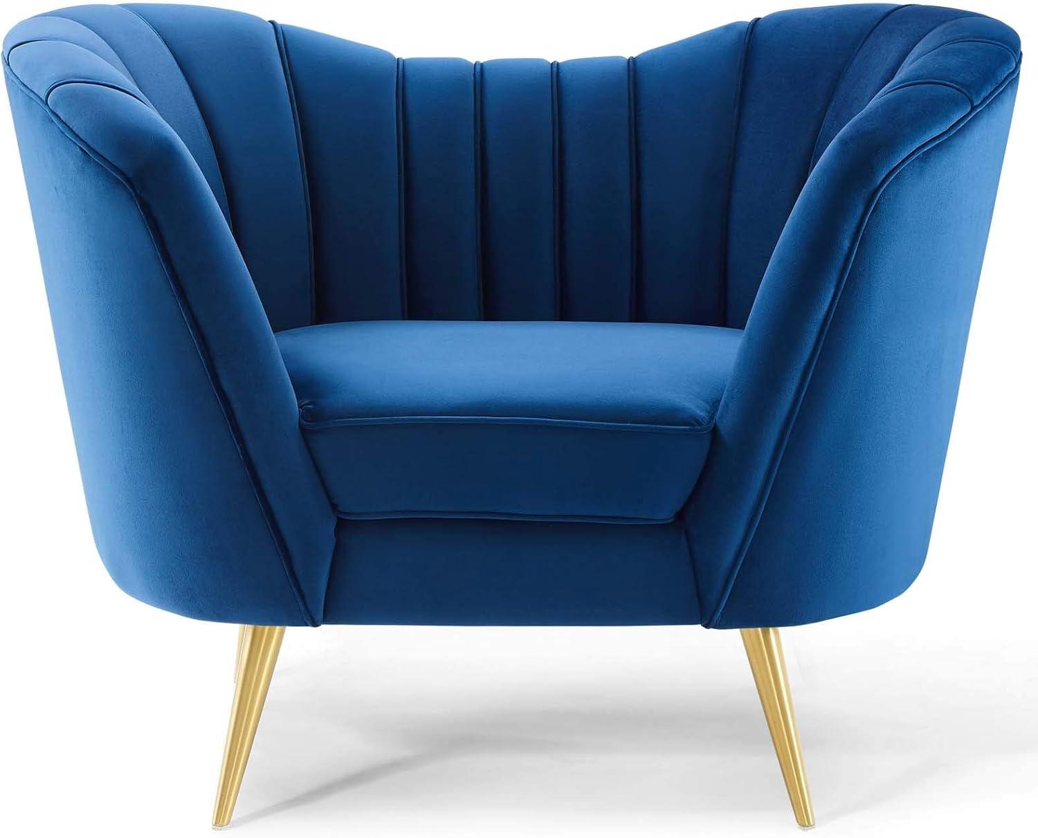 Navy Velvet and Wood Accent Chair with Gold Legs