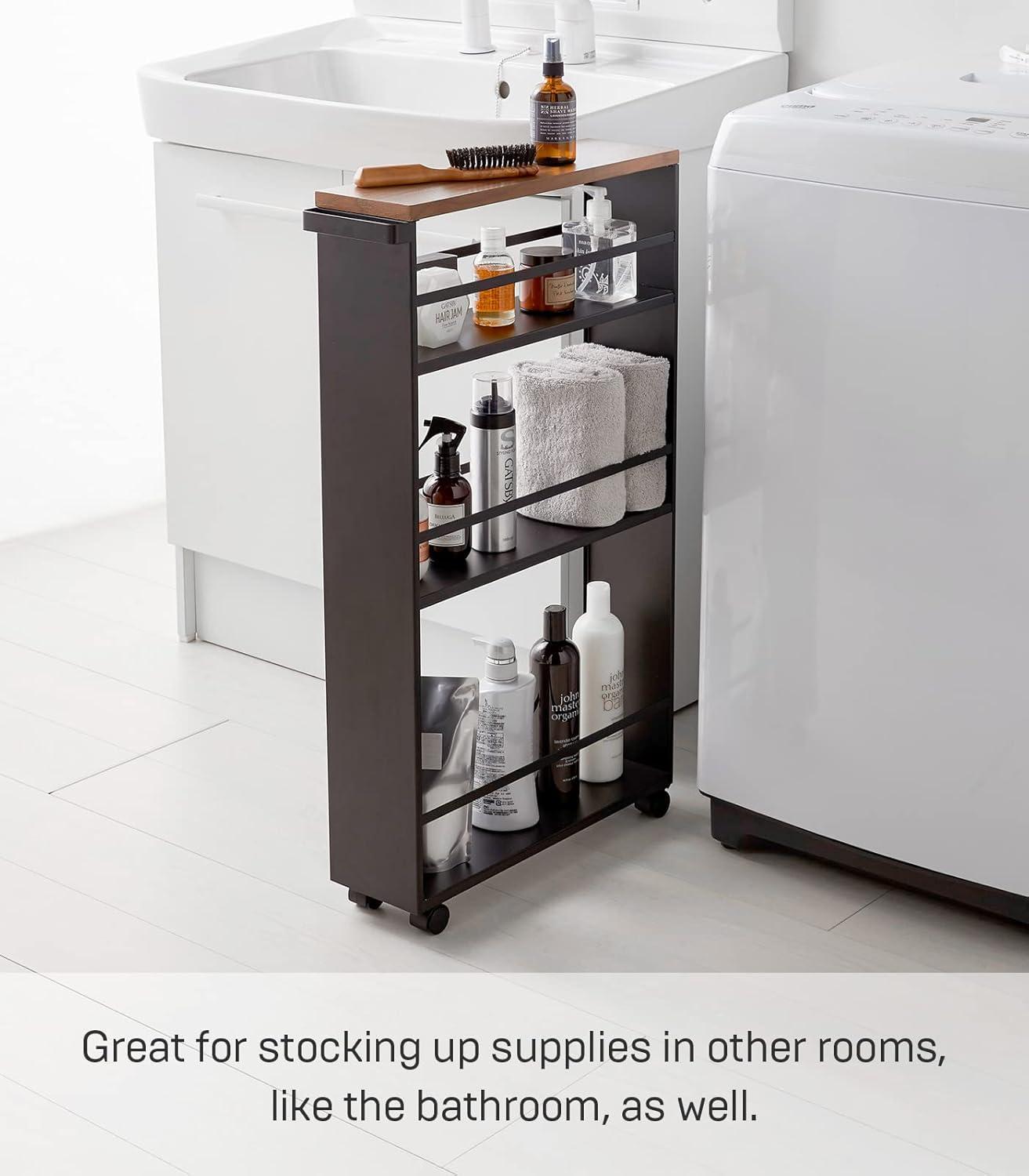 Slim Black Steel Three-Tiered Rolling Storage Cart with Handle