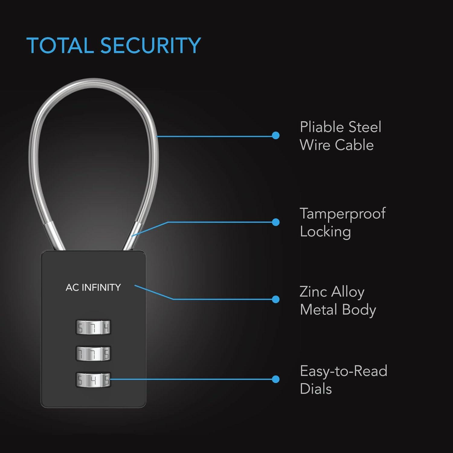 AC Infinity 3-Digit Combination Lock, 2-Pack Heavy-Duty Zinc Alloy Padlock with Steel Wire Cable for Grow Tents, Greenhouses, and Sheds