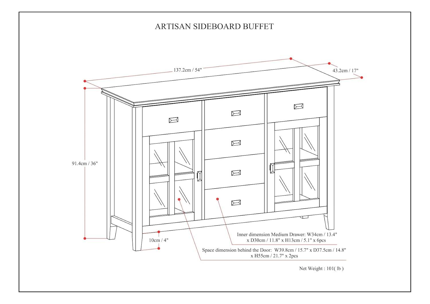 Simpli Home Artisan 54"W Solid Wood Sideboard Buffet with Tempered Glass Doors and 6 Drawers