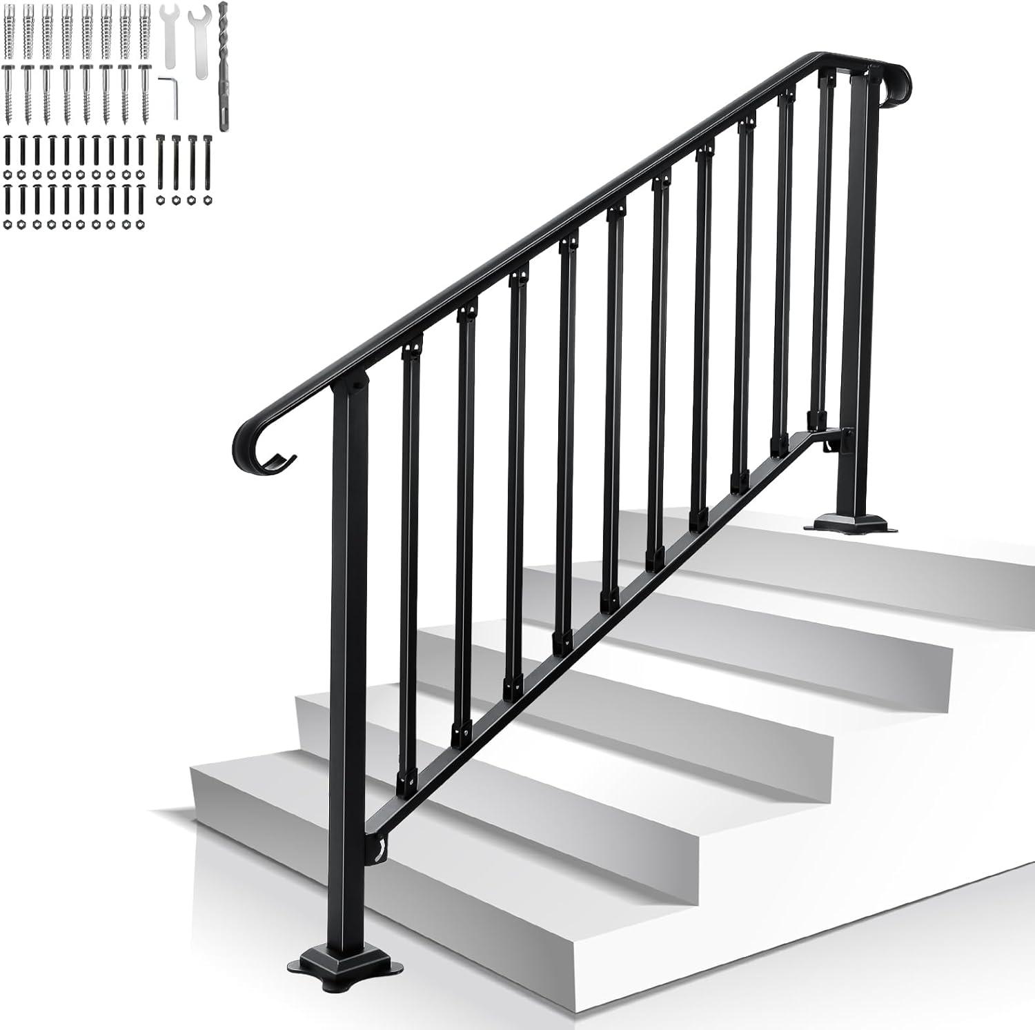 HLL Handrails for Outdoor Steps, Black Wrought Iron Handrail Fits 4 or 5 Steps, Transitional Handrail with Installation Kit, Stair Railing for Concrete Steps or Wooden Stairs