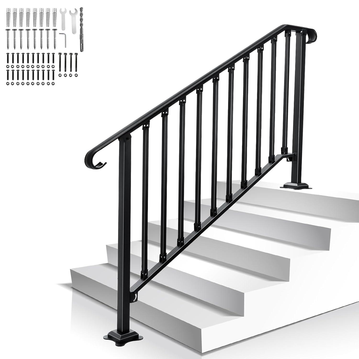 HLL Handrails for Outdoor Steps, Black Wrought Iron Handrail Fits 4 or 5 Steps, Transitional Handrail with Installation Kit, Stair Railing for Concrete Steps or Wooden Stairs