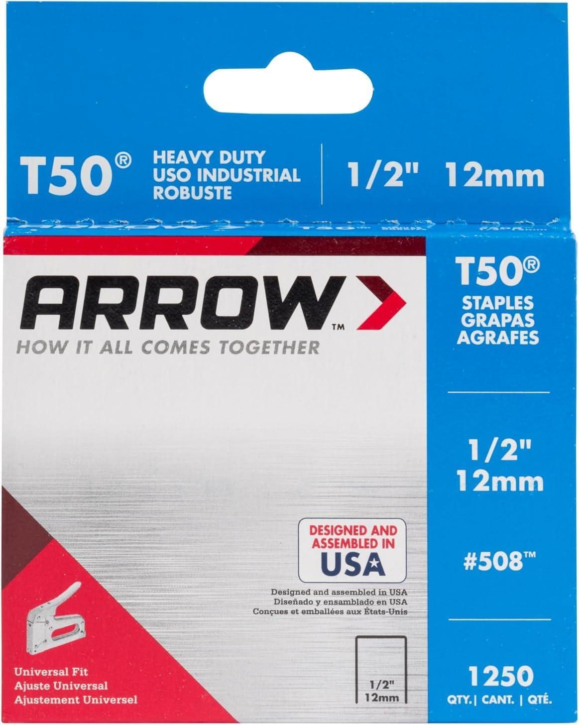 Arrow 508 Heavy Duty T50 1/2" Leg Length, 3/8" Crown, Staples, Heavy Duty, for General Repairs, DIY, Home Improvement, New