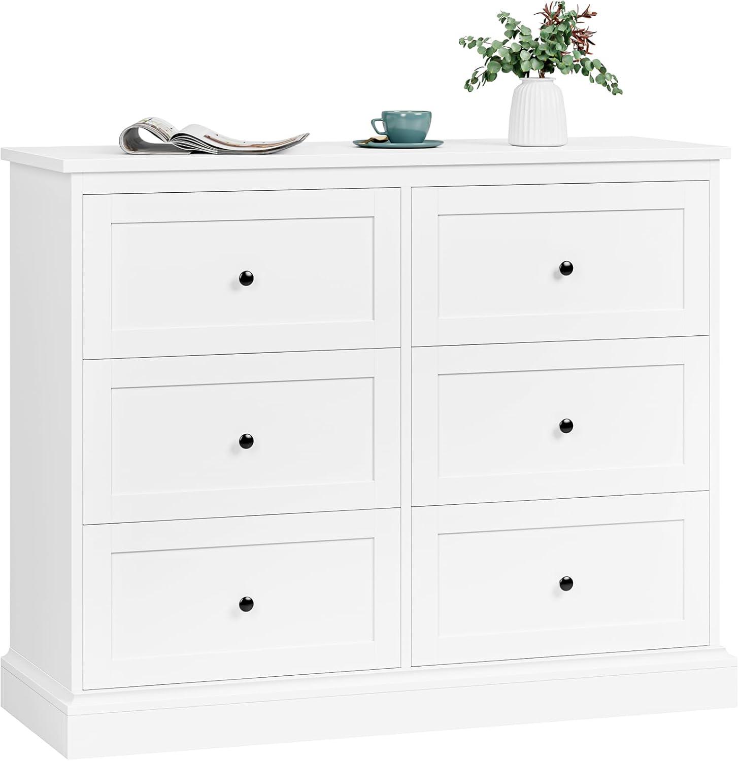 Homfa 6 Drawer Double Dresser White, Wood Storage Cabinet for Living Room, Chest of Drawers for Bedroom