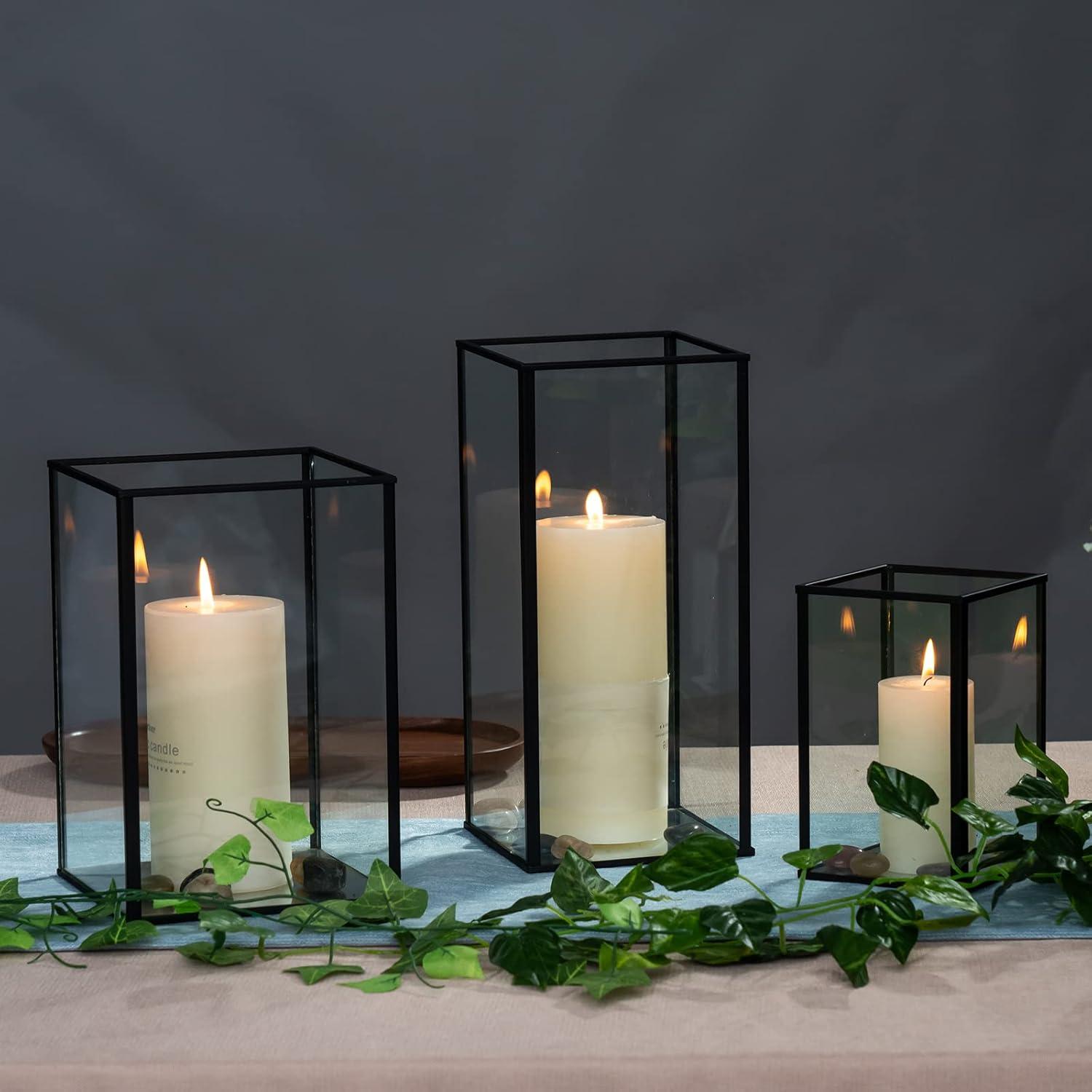 Phosphor Small Hurricane Candle Holder Set of 3 Pieces, Black Glass Candle Holder for Wedding, Party, Holiday.